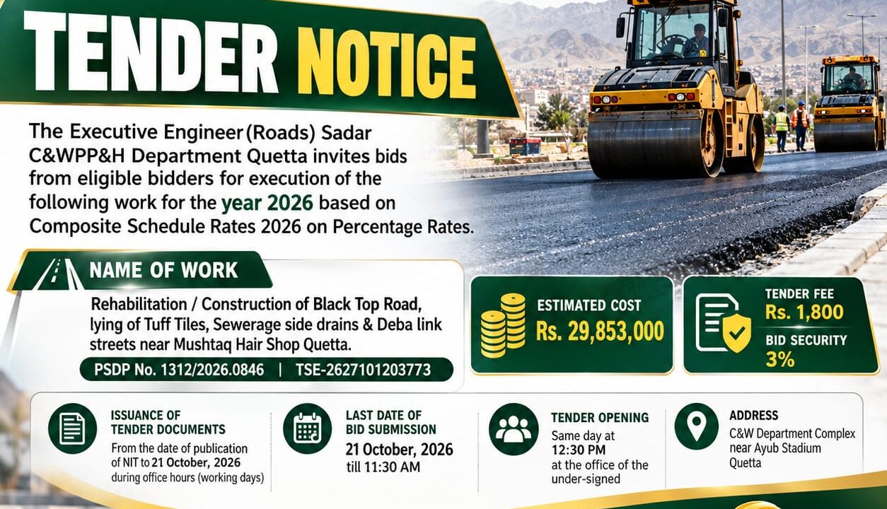 Quetta road construction tender notice 2026 by Executive Engineer Roads Saddar CWPP&H Department.