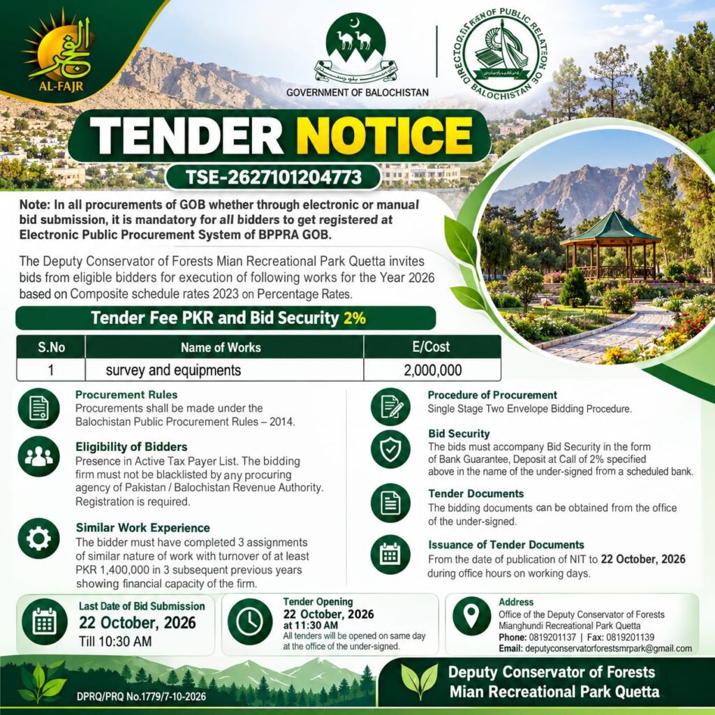 Mian Ghundi Recreation Park Quetta Tender Notice 2026 for survey and equipment work worth PKR 2 million