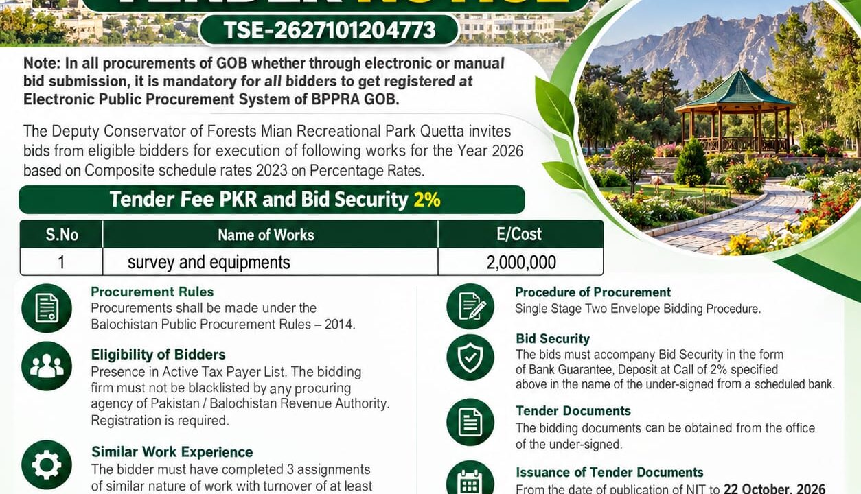 Mian Ghundi Recreation Park Quetta Tender Notice 2026 for survey and equipment work worth PKR 2 million