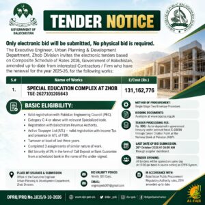 Special Education Complex Zhob Tender Notice 2026 issued by Urban Planning and Development Department Zhob Division, Balochistan.