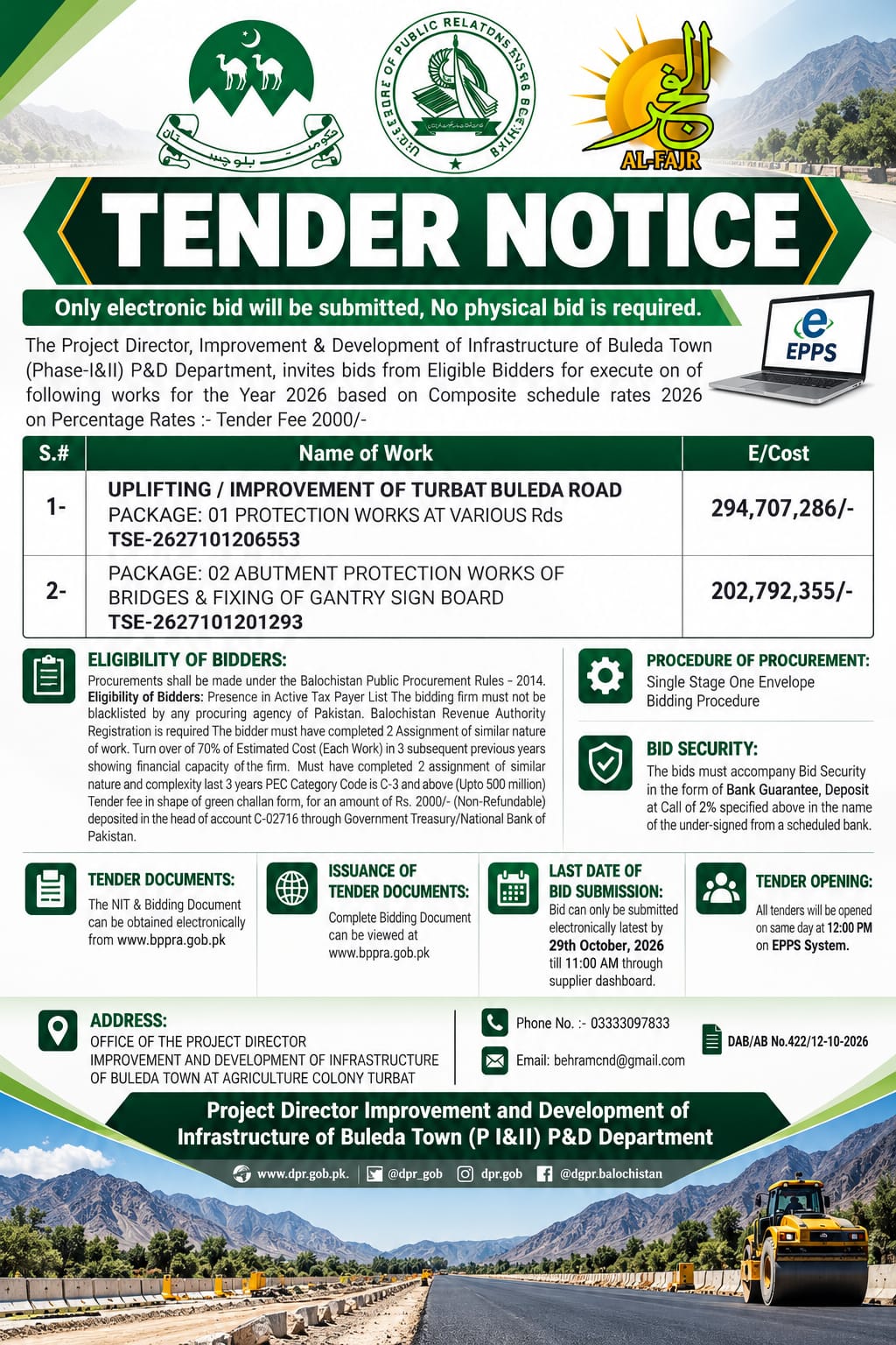 Turbat Buleda Road tender notice 2026 issued by Balochistan P&D Department for road protection and bridge improvement works.
