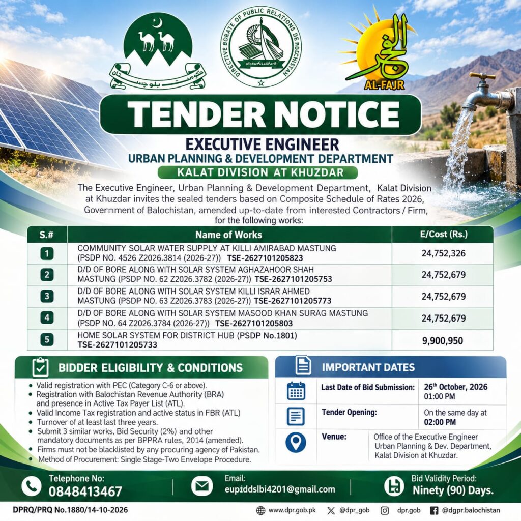 Government tender notice from the Urban Planning and Development Department, Kalat Division at Khuzdar, for solar water supply in Mastung, borehole solar systems, and home solar systems in Hub, Balochistan.