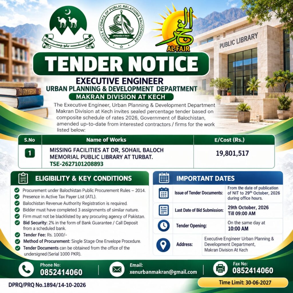Government tender notice issued by the Urban Planning and Development Department, Makran Division at Kech, for missing facilities at Dr. Sohail Baloch Memorial Public Library in Turbat, Balochistan.