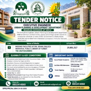 Government tender notice issued by the Urban Planning and Development Department, Makran Division at Kech, for missing facilities at Dr. Sohail Baloch Memorial Public Library in Turbat, Balochistan.