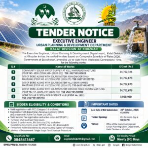 Government tender notice from the Urban Planning and Development Department, Kalat Division at Khuzdar, for solar water supply in Mastung, borehole solar systems, and home solar systems in Hub, Balochistan.