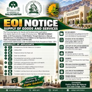 EOI notice 2026 for Sheikha Fatima Bint Mubarak Girls Cadet College Turbat, Balochistan, with eligibility criteria and submission deadline