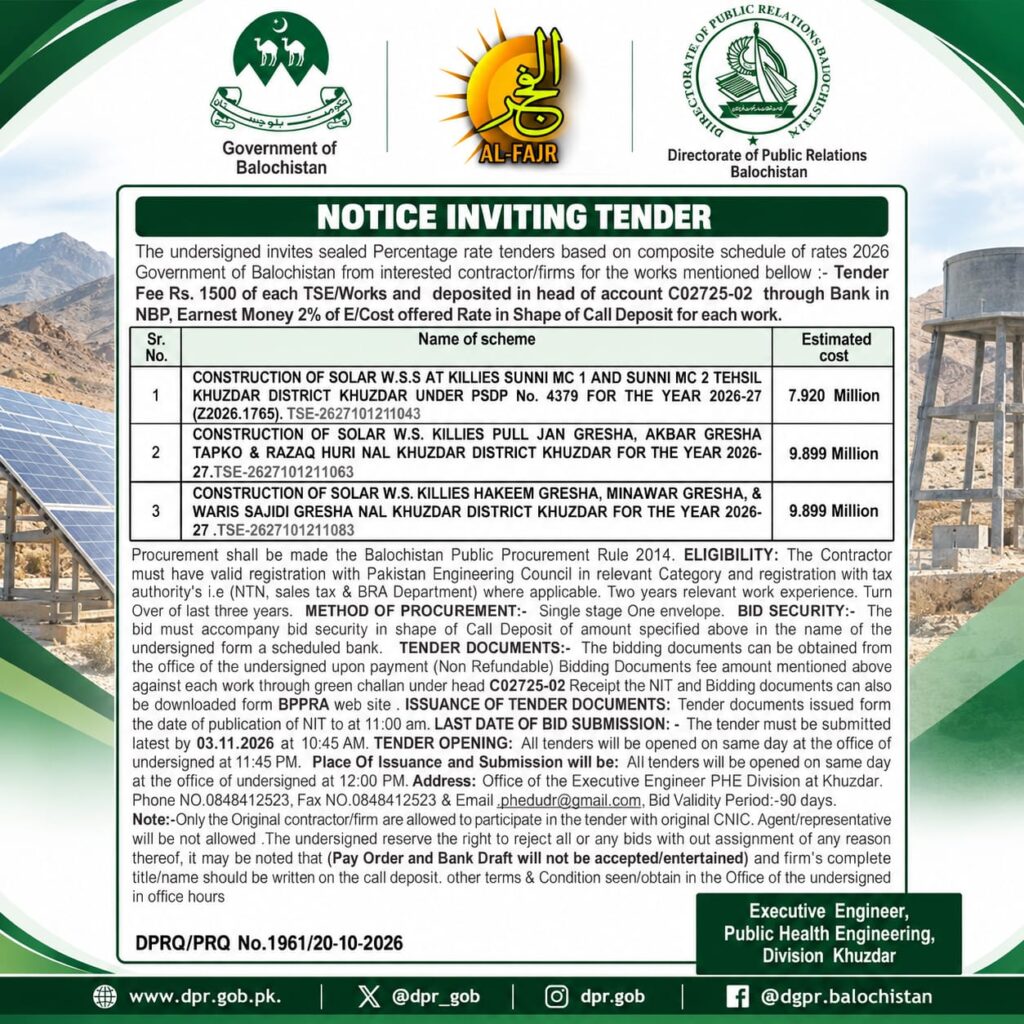 Government of Balochistan tender notice for three solar water supply schemes in Khuzdar district for 2026-27, issued by the Public Health Engineering Division.