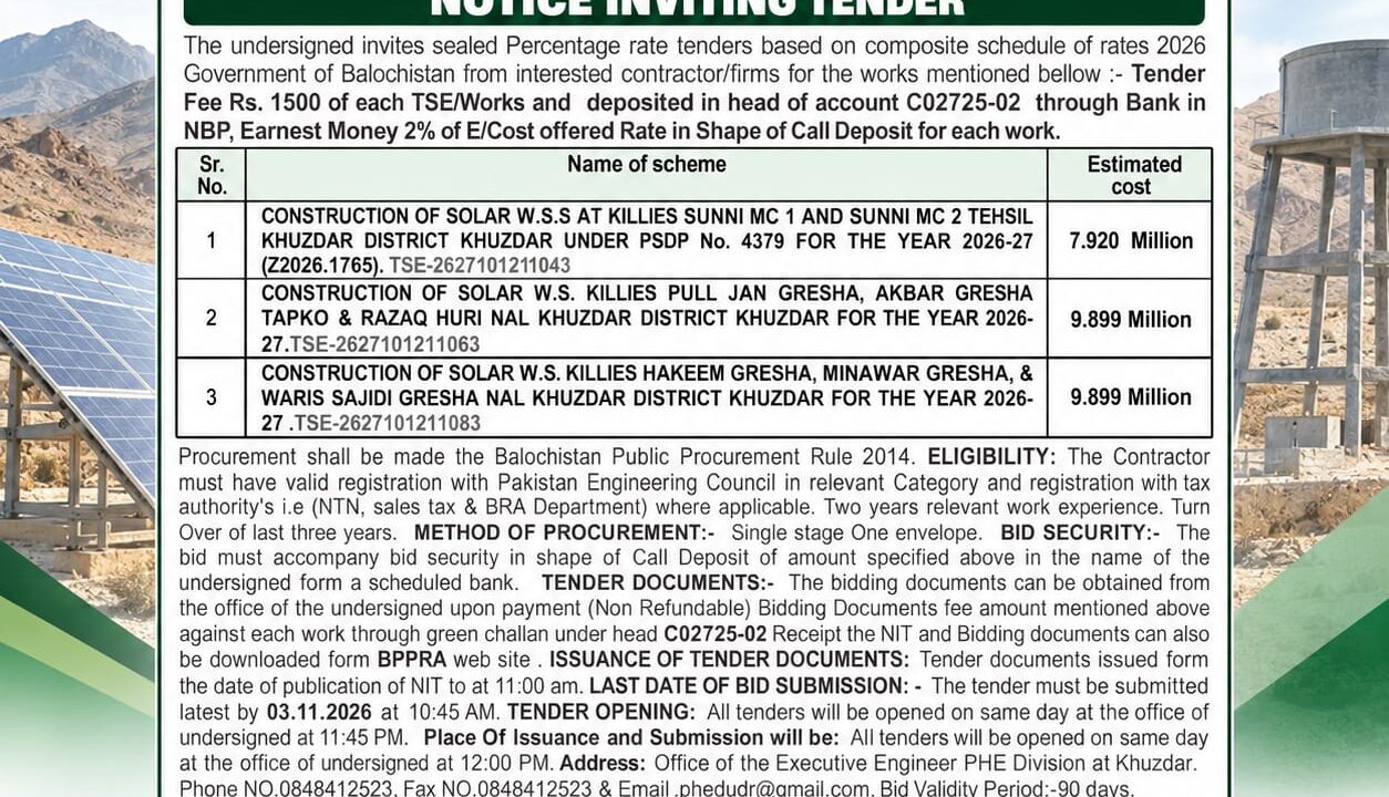 Government of Balochistan tender notice for three solar water supply schemes in Khuzdar district for 2026-27, issued by the Public Health Engineering Division.