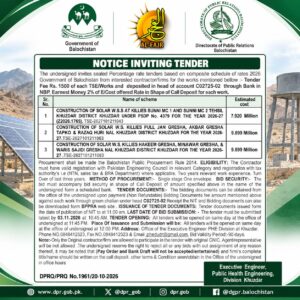 Government of Balochistan tender notice for three solar water supply schemes in Khuzdar district for 2026-27, issued by the Public Health Engineering Division.