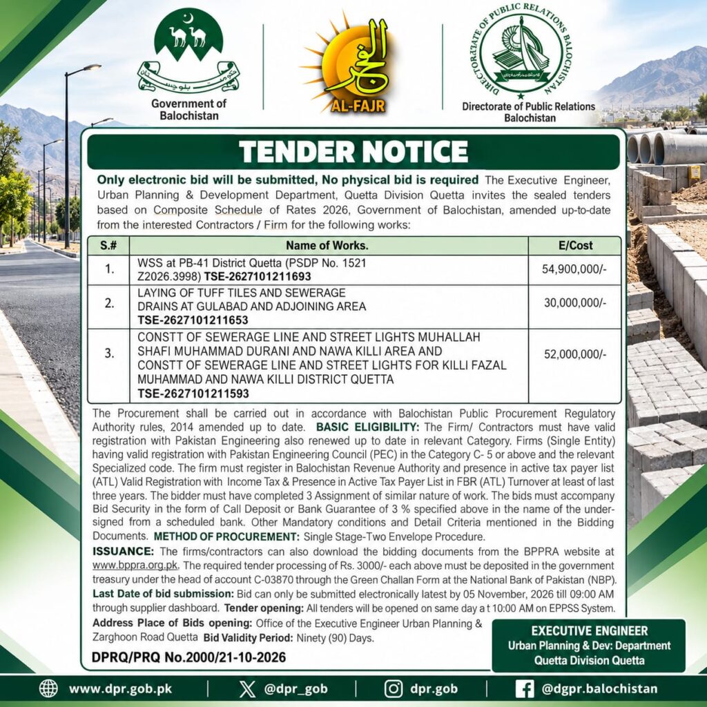 Quetta development projects tender notice 2026 issued by the Urban Planning and Development Department, featuring WSS, sewerage drains, tuff tiles and street lighting projects.