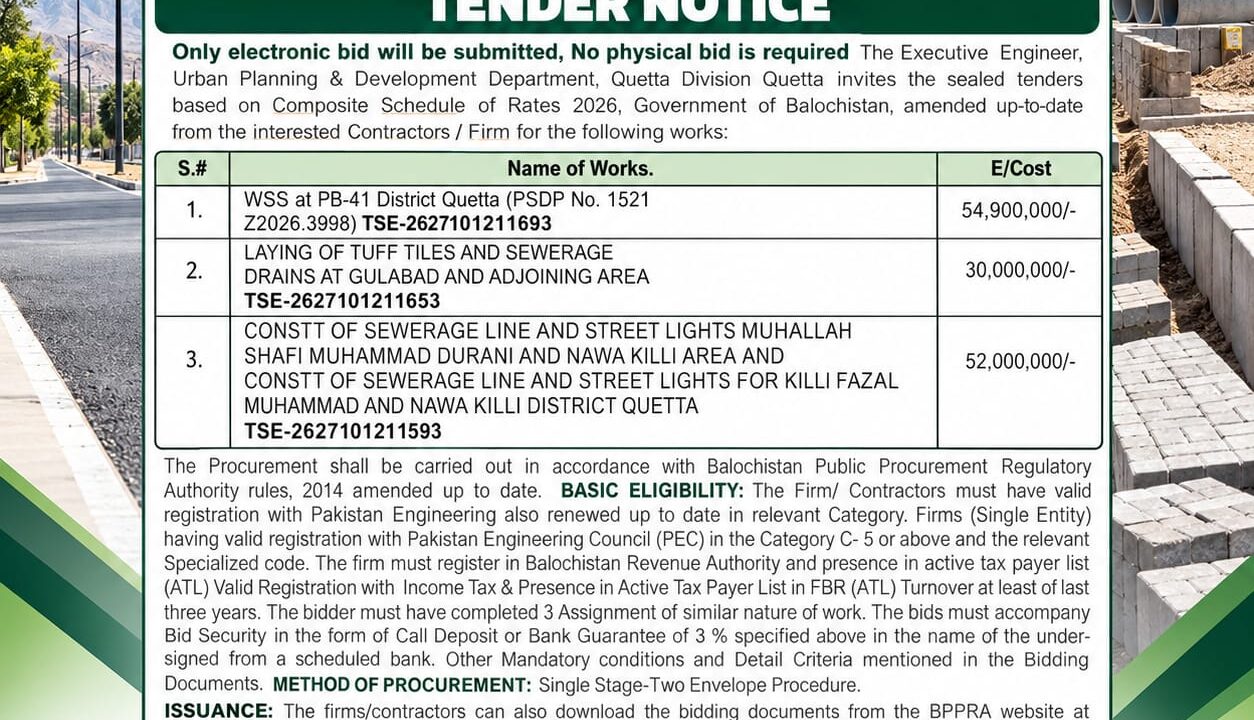 Quetta development projects tender notice 2026 issued by the Urban Planning and Development Department, featuring WSS, sewerage drains, tuff tiles and street lighting projects.