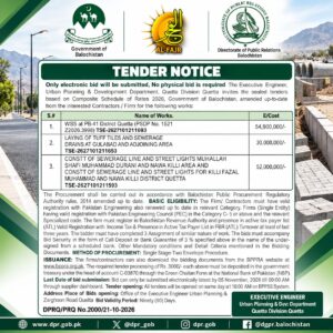Quetta development projects tender notice 2026 issued by the Urban Planning and Development Department, featuring WSS, sewerage drains, tuff tiles and street lighting projects.