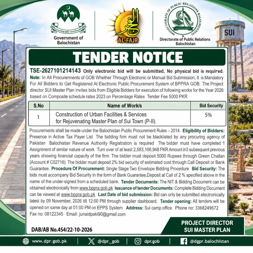 Government of Balochistan tender notice for construction of urban facilities and services under the Sui Town Master Plan Phase II