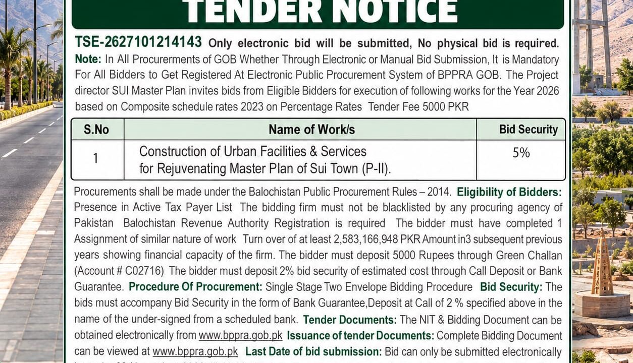 Government of Balochistan tender notice for construction of urban facilities and services under the Sui Town Master Plan Phase II