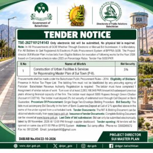 Government of Balochistan tender notice for construction of urban facilities and services under the Sui Town Master Plan Phase II