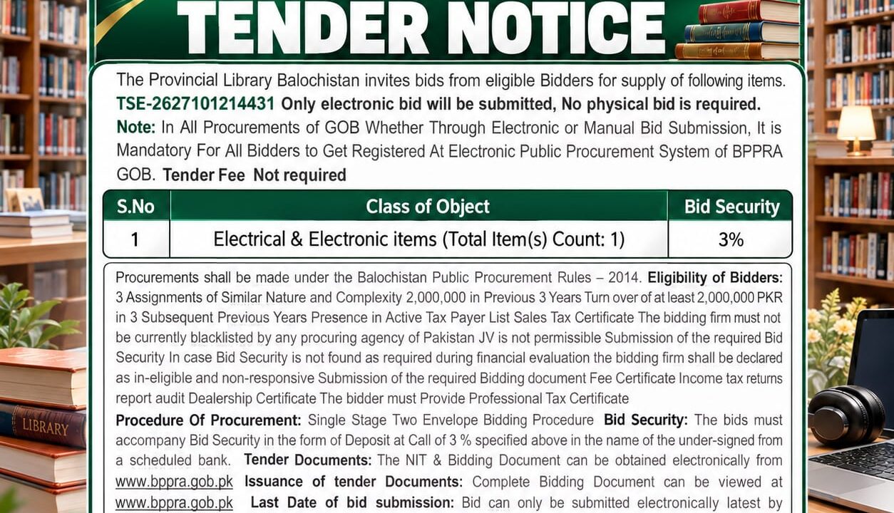Provincial Library Balochistan tender notice 2026 for the procurement of electrical and electronic items,