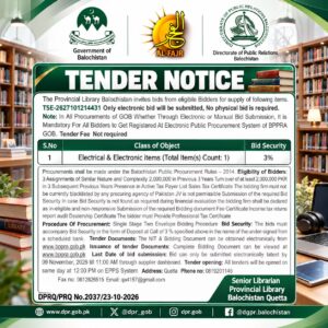 Provincial Library Balochistan tender notice 2026 for the procurement of electrical and electronic items,