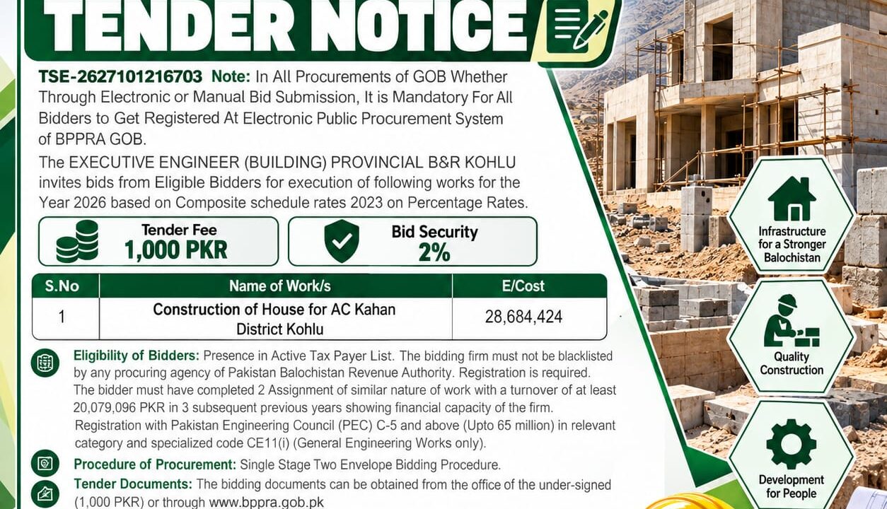 Kohlu tender notice 2026 for construction of an Assistant Commissioner house in Kahan, Balochistan, with an estimated cost of PKR 28,684,424 and a bid deadline of 13 November 2026.