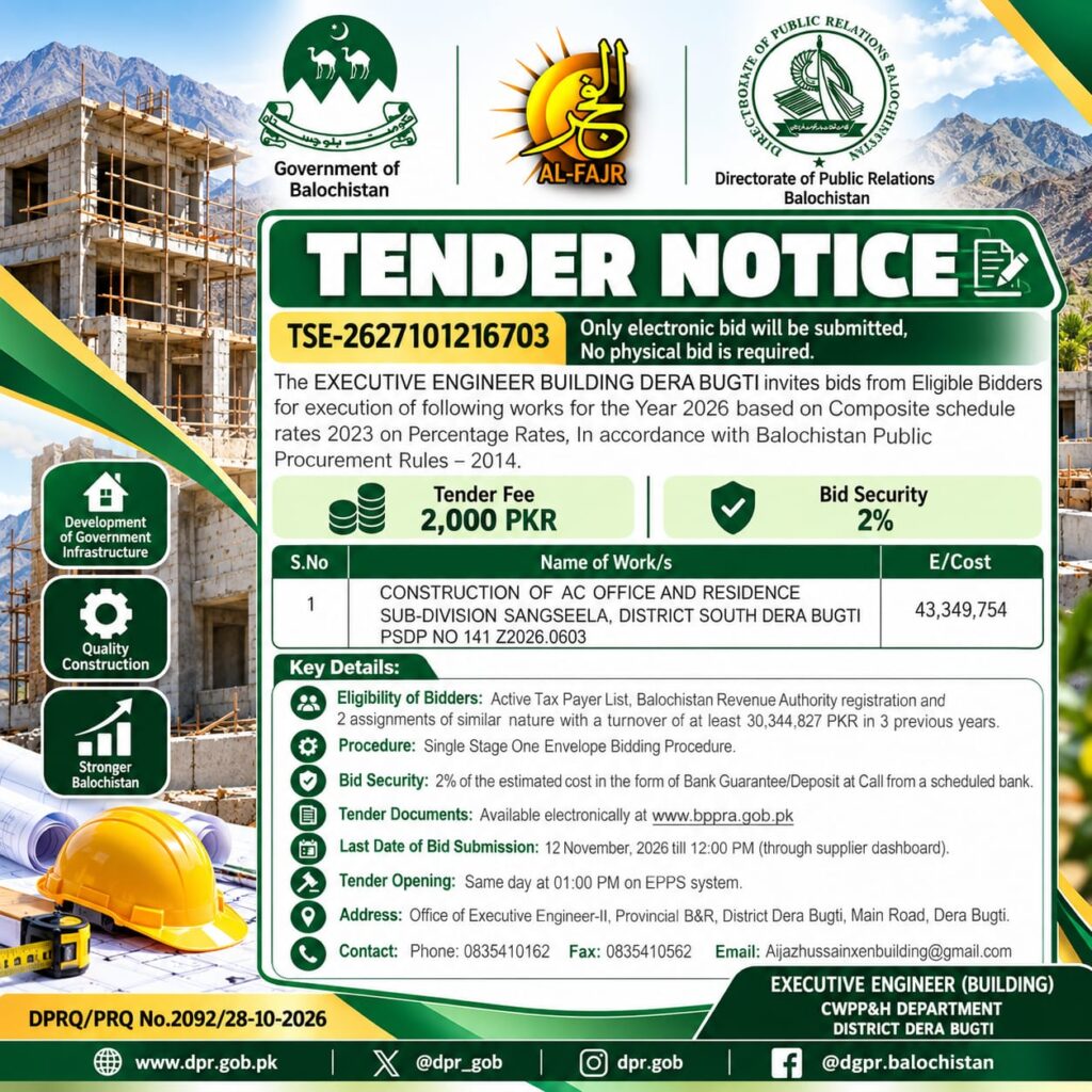 Government tender notice for AC office and residence construction in Sangsela, Dera Bugti, Balochistan, with estimated cost of PKR 43,349,754 and submission deadline of 12 November 2026.