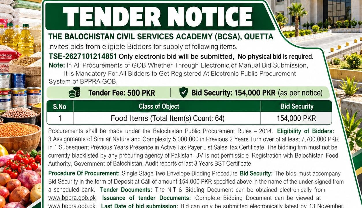 BCSA Quetta food items tender notice 2026 for procurement of 64 food items, with PKR 154,000 bid security and an electronic submission deadline of 13 November 2026.