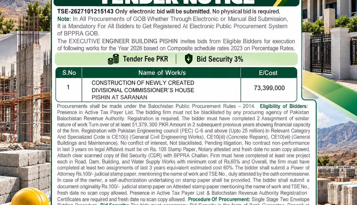 Government e-tender notice for construction of the Divisional Commissioner's House in Pishin Saranan, Balochistan, valued at PKR 73.399 million.