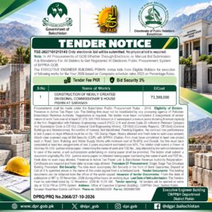 Government e-tender notice for construction of the Divisional Commissioner's House in Pishin Saranan, Balochistan, valued at PKR 73.399 million.