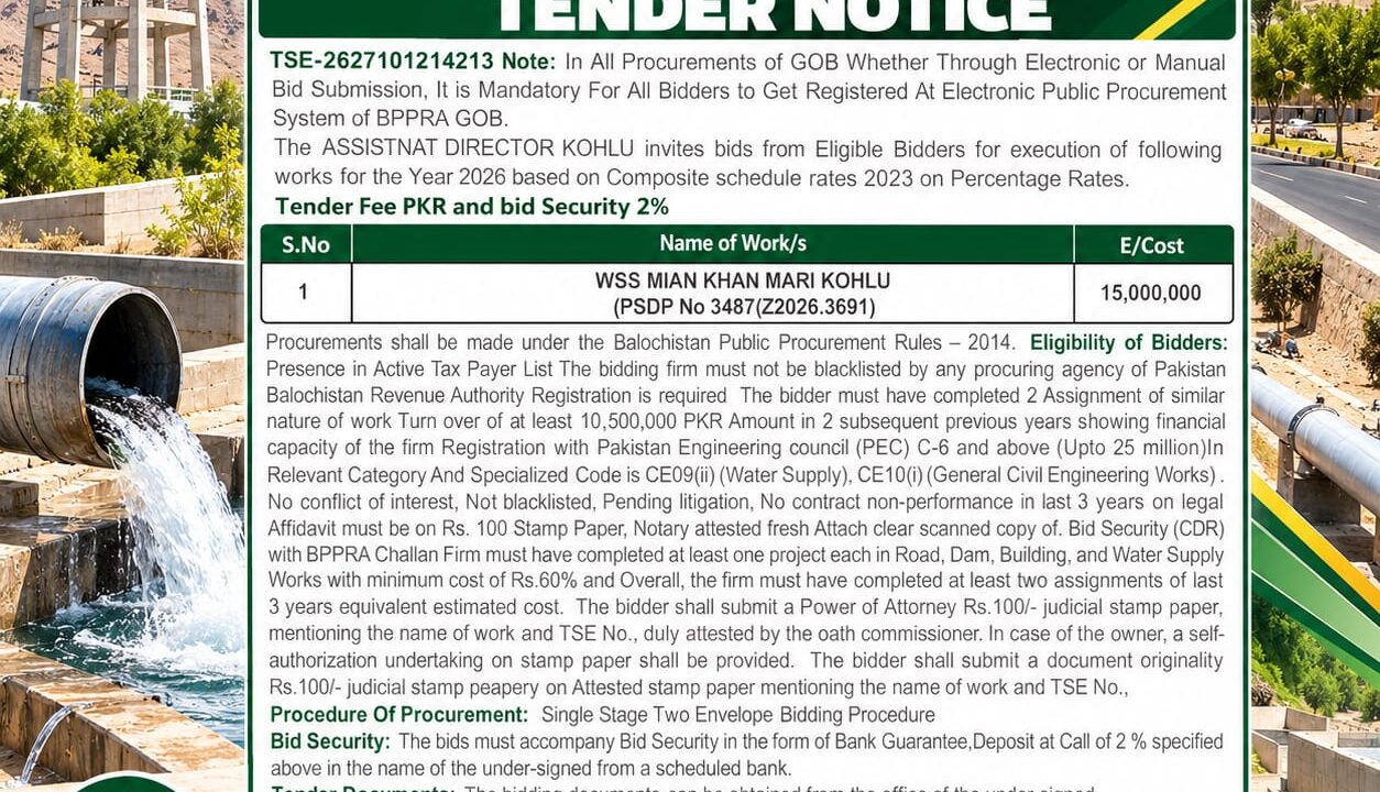 WSS Mian Khan Marri Kohlu water supply tender advertisement 2026 showing a project cost of PKR 15 million and bid submission deadline of November 12.
