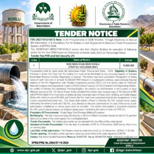 WSS Mian Khan Marri Kohlu water supply tender advertisement 2026 showing a project cost of PKR 15 million and bid submission deadline of November 12.