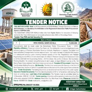 WSS Mian Khan Marri Kohlu water supply tender advertisement 2026 showing a project cost of PKR 15 million and bid submission deadline of November 12.