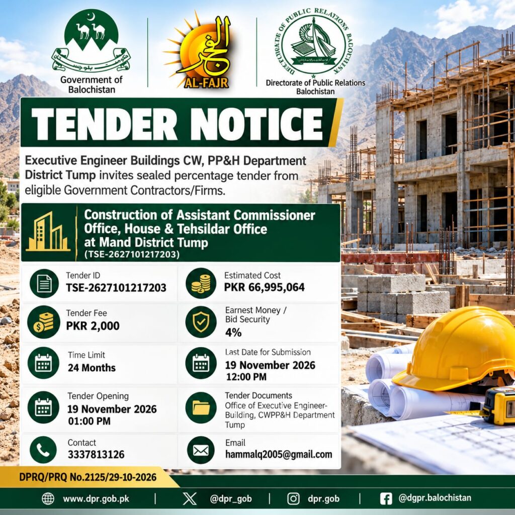 Balochistan government tender notice for construction of Assistant Commissioner and Tehsildar Office buildings at Mand, District Tump, 2026.